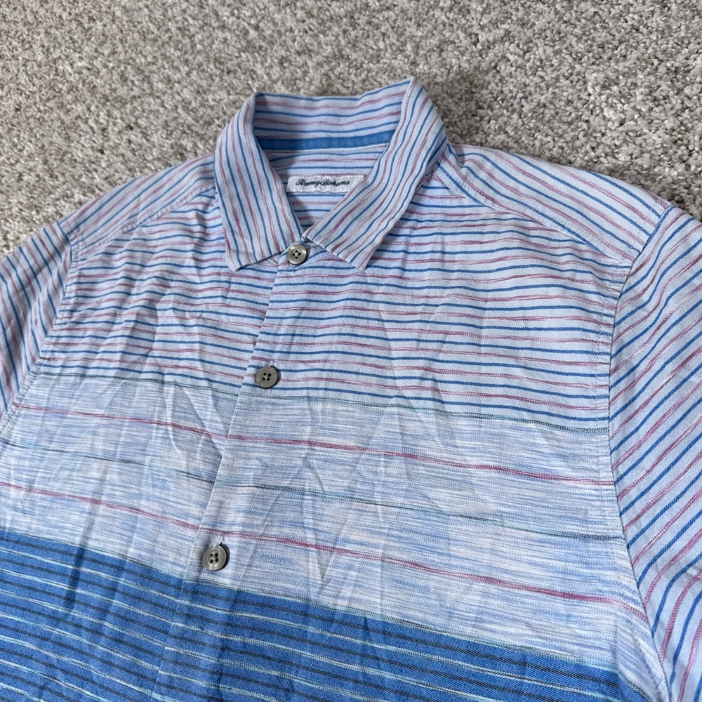 Tommy‎ Bahama Shirt Mens Large Blue Silk Striped Short Sleeve Coastal Vacation